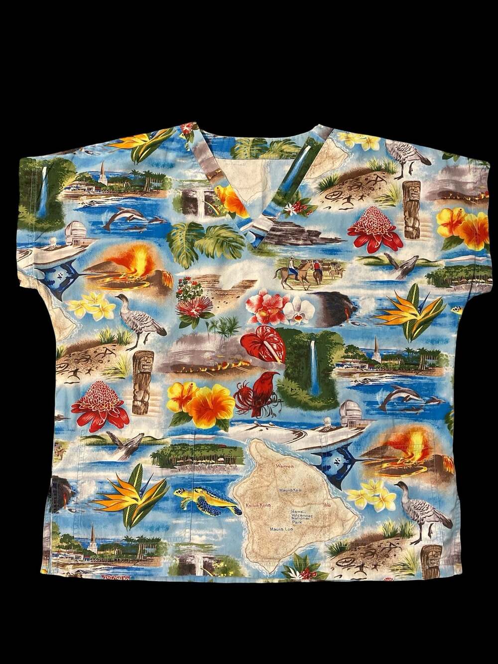 Vintage Hawaiian Shirt or Scrub Top- Island Print